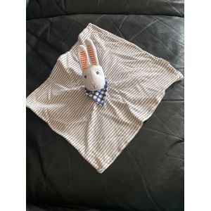 Doudou plat lapin ray&eacute; blanc bleu foulard pois Ikea 28*28cm - Occasion