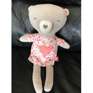 Doudou Ours Tape A L'oeil Robe Fleurie Coeur Rose 25 Cm - Occasion