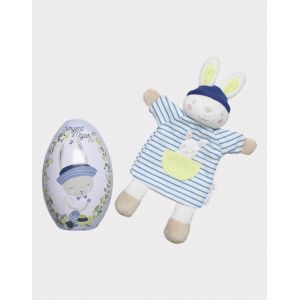 Doudou Lapin Paques Sergent Major Marionnette Rayures Bleues Theo Jouet Oeuf Metal Bebe Naissance - Occasion