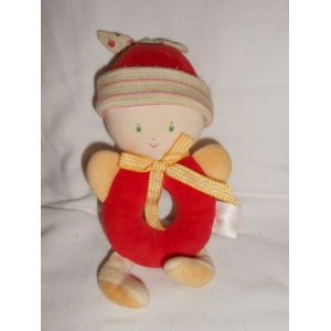 Doudou Hochet Grelot Garcon Lutin Jaune Cerise Carotte Sur Bonnet Raye Vert Col Ruban Noeud Vichy Carreaux Rouge By Corolle - Occasion