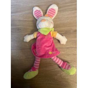 Doudou peluche lapin mots d enfants robe rose lapine ray&eacute; foulard vert - Occasion