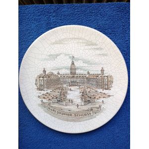 Assiette d&eacute;corative murale en fa&iuml;ence craquel&eacute;e Karlsruher Schloss par l'artiste Katzer, Manufacture de fa&iuml;ence de Karlsruhe, ann&eacute;es 1960 - Occasion