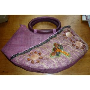 Sac &Agrave; Main Osier, Rotin, Perles D&eacute;coratives & Tissu - Poign&eacute;es, Anses En Bois Peint 39x29cm Environ - Rigide Mauve, Violet - Occasion