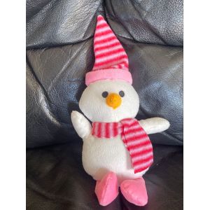 Doudou peluche pingouin bonhomme de neige &eacute;charpe rouge ray&eacute; rose 24cm - Occasion