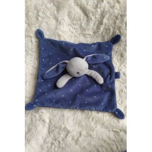 Doudou Plat Attache Tétine Lapin Simba Toys Gris Et Bleu Marine Etoiles - Occasion