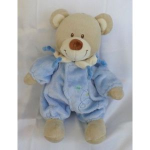 Doudou Peluche Ours Beige V&ecirc;tement Bleu, Broderies Avion Nuage Tex Baby - Occasion