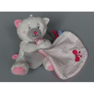 Doudou Chat Blanc Rose Gris Mouchoir Sucre D'orge - Occasion