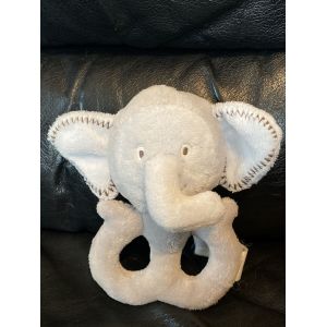 Doudou peluche &eacute;l&eacute;phant gris et blanc hochet obaibi 16cm - Occasion