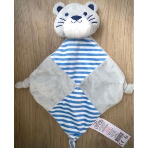 Doudou chat tigre Tom & Kiddy Bidous d'ange gris bleu ray&eacute; peluche jouet b&eacute;b&eacute; naissance animal grelot hochet mouchoir rayures bleues - Occasion