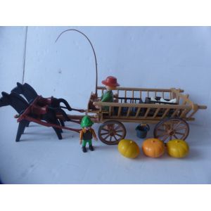 Playmobil Vintage Charette du Fermier avec 2 Chevaux, Figurine Enfant, Lapins, Citrouilles, Poules pour Ferme, Ville, March&eacute; ... - Occasion