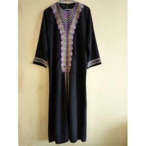 Abaya Robe Orientale Imprimés - Strass - Noir / Violet / Anis - M / L - Occasion