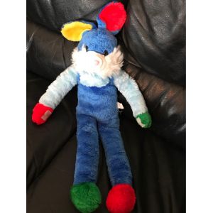 Doudou Peluche Grand Lapin Longue Jambe Vintage Bleu Rouge Et Vert Oreilles Jaune Et Rouge 54cm - Occasion
