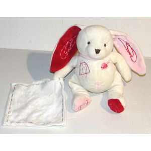 doudou lapin cr&egrave;me rouge mouchoir baby nat peluche 22 cm - Occasion