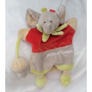 Doudou Peluche Marionnette El&eacute;phant Gris Rouge Vert Grelot Doudou Et Compagnie - Occasion