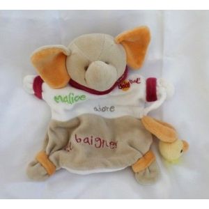 Doudou Peluche Elephant Marionnette Beige Blanc Col Rouge Malice Canard Babynat - Occasion
