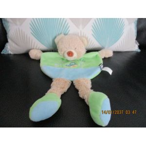 Doudou Plat Ours Vert Et Bleu Imprim&eacute; Voiture Tex Baby - Occasion