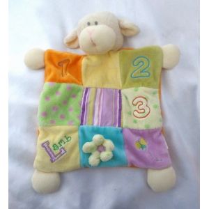 Doudou Peluche Plat Mouton Patchwork Vert Bleu Mauve Fleur 1 2 3 Grelot EDL - Occasion