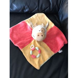 Doudou Plat Vache Carré Et Rose Fleurs Dessous Vert Oeil Marron Orange - Occasion