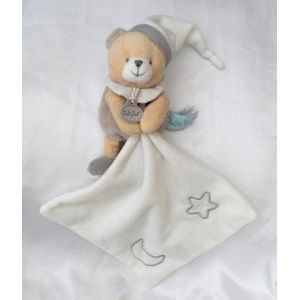 Doudou Peluche Ours Beige Gris Mouchoir Blanc Etoile Lune Luminescent BabyNat Baby Nat' - Occasion
