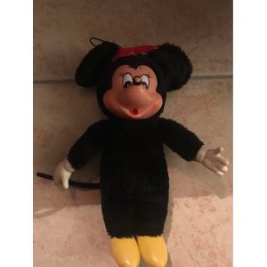 Doudou Peluche Minnie Noir Noeud Rouge Pied Jaune En Plastique Vintage 26cm - Occasion