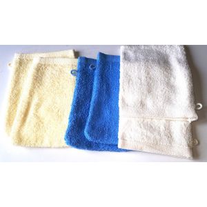 Lot De 6 Gants De Toilette 100%Coton Éponge Fin Avec Petite Accroche Latérale - 2 Blancs/Écrus Et 2 Jaunes Clairs Blanc Du Jour D'afibel Et 2 Bleus Carré D'azur De Movitex - Occasion