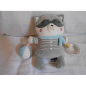 Doudou Raton Laveur Peluche Activites D'eveil Grelot Mots D'enfants Leclerc Siplec Bleu Raye Gris Blanc Balle Rose Jaune Anneau Bille - Occasion