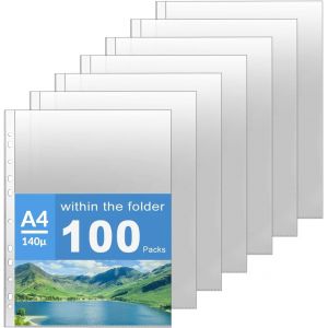 Ershi-Lot De 100 Pochettes Perforées, A4 Pochettes Perforées En Plastique, Pochettes Perforées De Qualité, Transparent Perforé, Ép[956] - Occasion