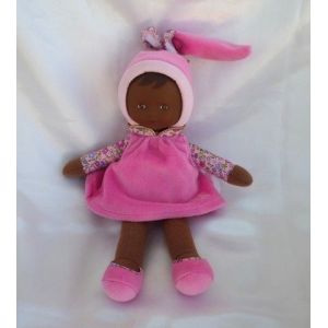 Doudou Poup&eacute;e Noire M&eacute;tisse Robe Rose Tissu &Agrave; Fleurs Corolle - Occasion