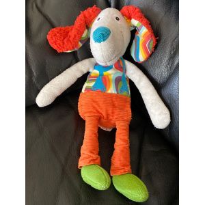 Peluche doudou Antoine le chien ebulobo gris orange et vert oreilles rouge hochet 28cm - Occasion