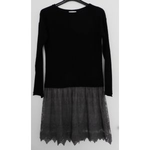 Robe Noire En Laine. Dentelle En Tulle Gris Asym&eacute;trique. Promod. Coton. Taille 38 - Occasion