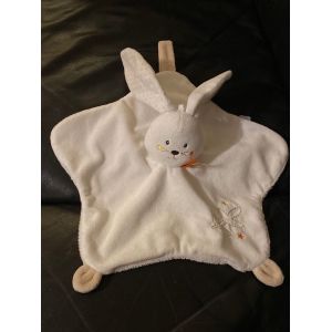 Doudou Plat Lapin Blanc Beige Pois Étoiles Sucre D’Orge Attache Tétine 30cm - Occasion