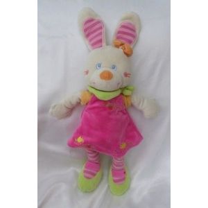 Doudou Peluche Lapin Robe Rose Foulard Vert Jambes Et Oreilles Rayures Mots D&#39;Enfants - Occasion