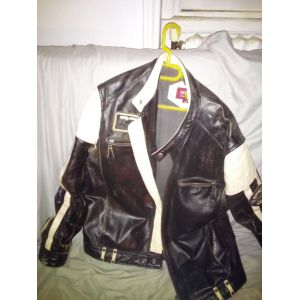 Blouson Cuir Redskins Noir À Bandes Blanches Style Motard - Occasion