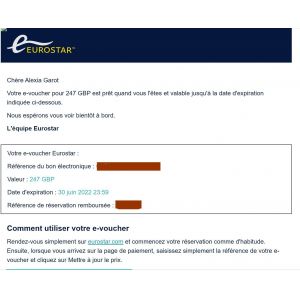 E-Voucher Eurostar De 295 Euros ( 247 Livres Sterling) - Occasion