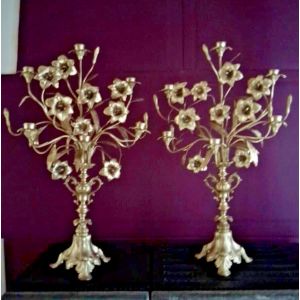 ancien 19e paire beau chandelier bougeoir candélabre laiton fleurs 63 x 40 cm - Occasion