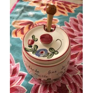 Pot À Moutarde En Faience Blanche Peinte À La Main Moutarde Fine De Dijon Maille 1747 Avec Cuillère En Bois D'olivier - Occasion