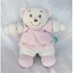 Doudou Peluche Ours Blanc Robe Rose Fleur Grelot Baby Bow Poupe Poupi - Occasion