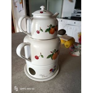 Th&eacute;i&egrave;re &Eacute;maill&eacute;e + Bouilloire + Chauffe_Plat Bouquet De Fruits 3 En 1 Frutas Collection - Occasion