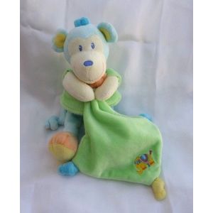Doudou Peluche Singe Bleu Vert Mouchoir Brod&eacute; El&eacute;phant Pommette - Occasion