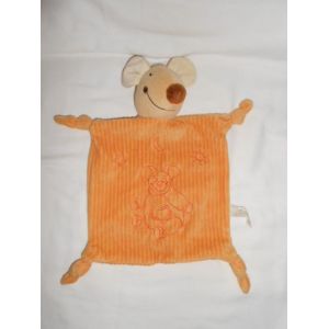 Doudou Plat Carré En Velours Orange Brodé Souris Beige Jja 4 Noeuds Lune Soleil Etoile - Occasion