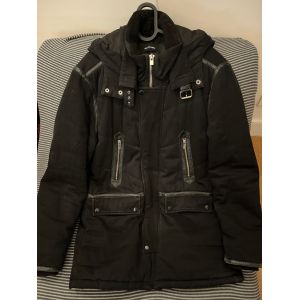 Parka Manteau The Kooples À Capuche Et Détails En Cuir D'agneau Noire - Occasion