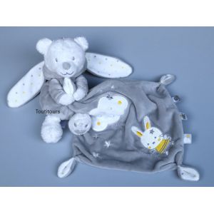Doudou ours lapin mouchoir Max et Sax gris blanc jaune - Occasion