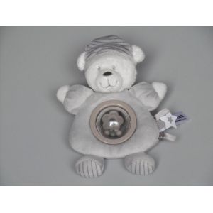 Doudou Ours Gris Blanc Hochet Bonnet Gris Rayé Max & Sax - Occasion