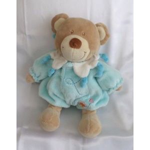 Doudou Peluche Ours Marron Habit Bleu Fleur Carrefour Tex - Occasion