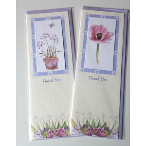 Deux Cartes doubles avec une fleur rose et avec un pot fleuri - mention anglaise Thank You - 7.5x21cm- Cavania Cards- s&eacute;rie Garden Delight- avec enveloppes mauves- pour envoyer des remerciements - Occasion