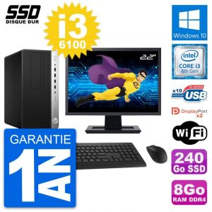 PC Tour HP ProDesk 600 G3 MT Ecran 22" i3-6100 RAM 8Go SSD 240Go Windows 10 Wifi - Occasion