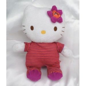 Doudou Peluche Hello Kitty Blanc Rayures Rose Fushia Orange Fleur Sanrio - Occasion