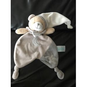 Doudou Plat Baby Nat Ours Taupe Gris Blanc Lune Etoile Luminescent 28cm - Occasion