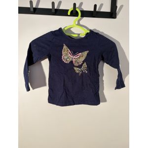 T-Shirt In Extenso Bleu Marine Papillons Sequins - Fille 4 Ans - Style &Eacute;cole - Occasion