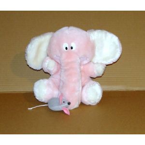 Peluche Elephant Rose Blanc Avec Sa Souris Sur La Trompe Doudou Elephant Assis - Occasion